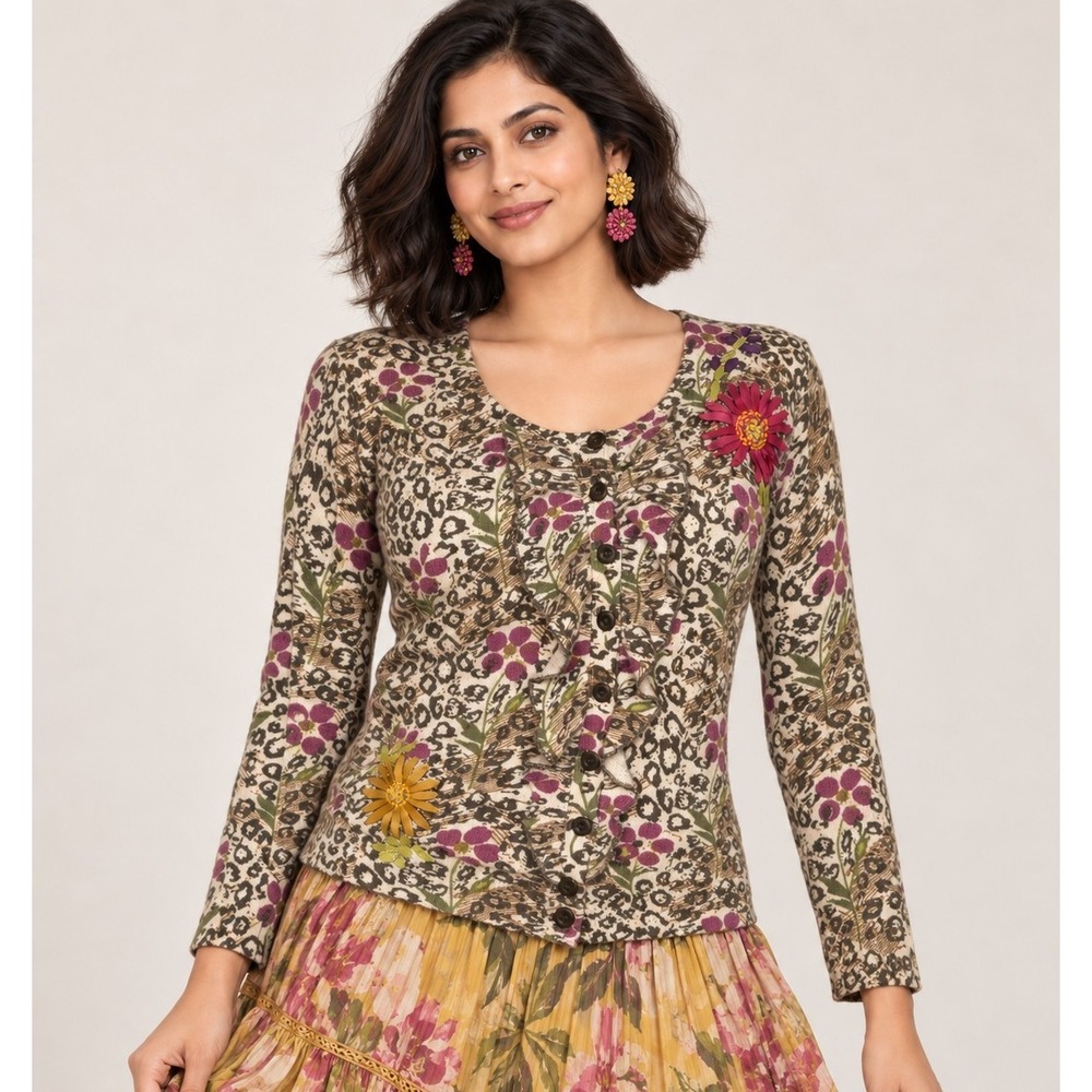 Anthropologie Sparrow Purrfect Posy Cardigan M Leopard Floral Ribbon Wool